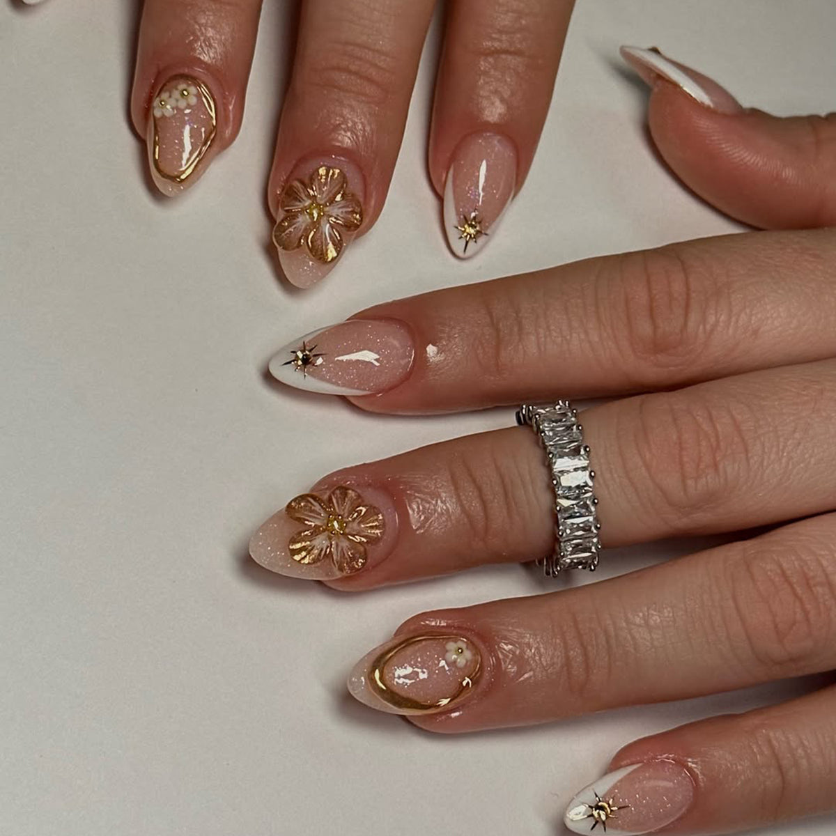 Elegant Floral Delight Medium Almond Blush with Gold Accents Press On Nail Set