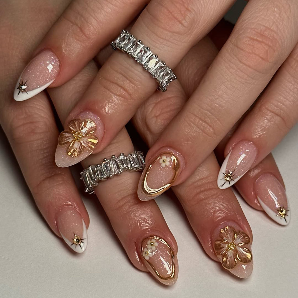 Elegant Floral Fantasy Medium Almond Neutral with Chic Gold Accents Press On Nail Set