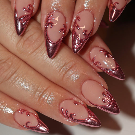 Enchanting Elegance Long Stiletto Pink with Intricate Swirl Design Press On Nail Set
