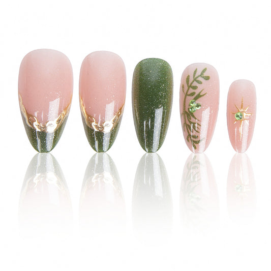 Bohemian Charm Medium Almond Green Glitter with Delicate Floral Accents Press On Nail Set