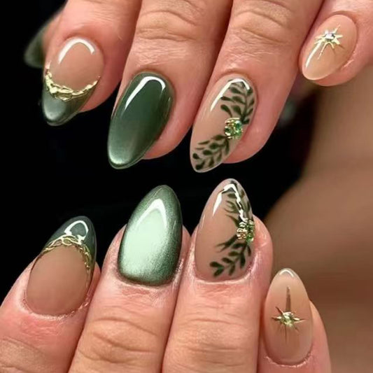Enchanted Forest Medium Stiletto Green Ombre Nail Set with Floral Accents