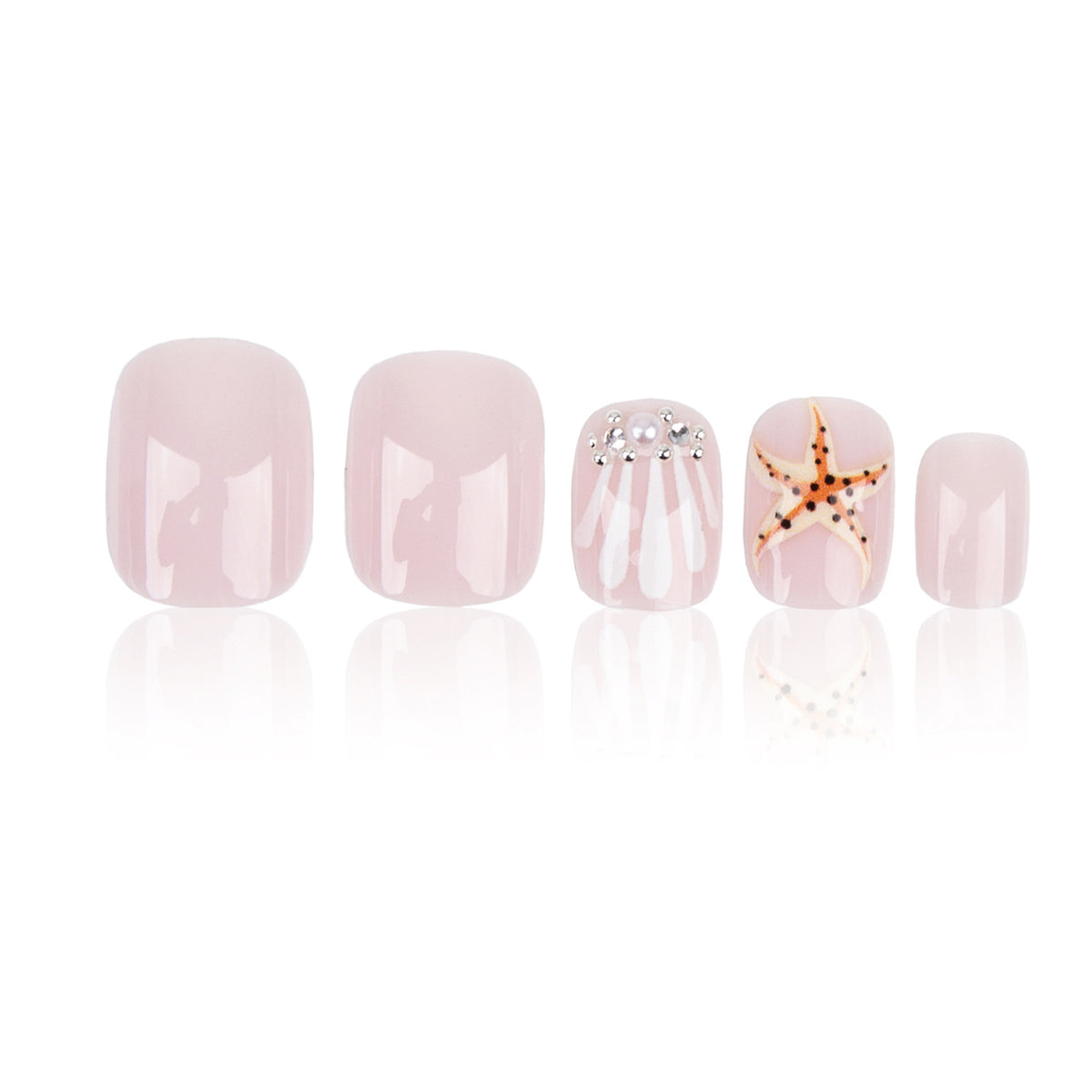 Beachy Bliss Short Square Soft Pink with Starfish Design and Pearlescent Accents Press On Nail Set