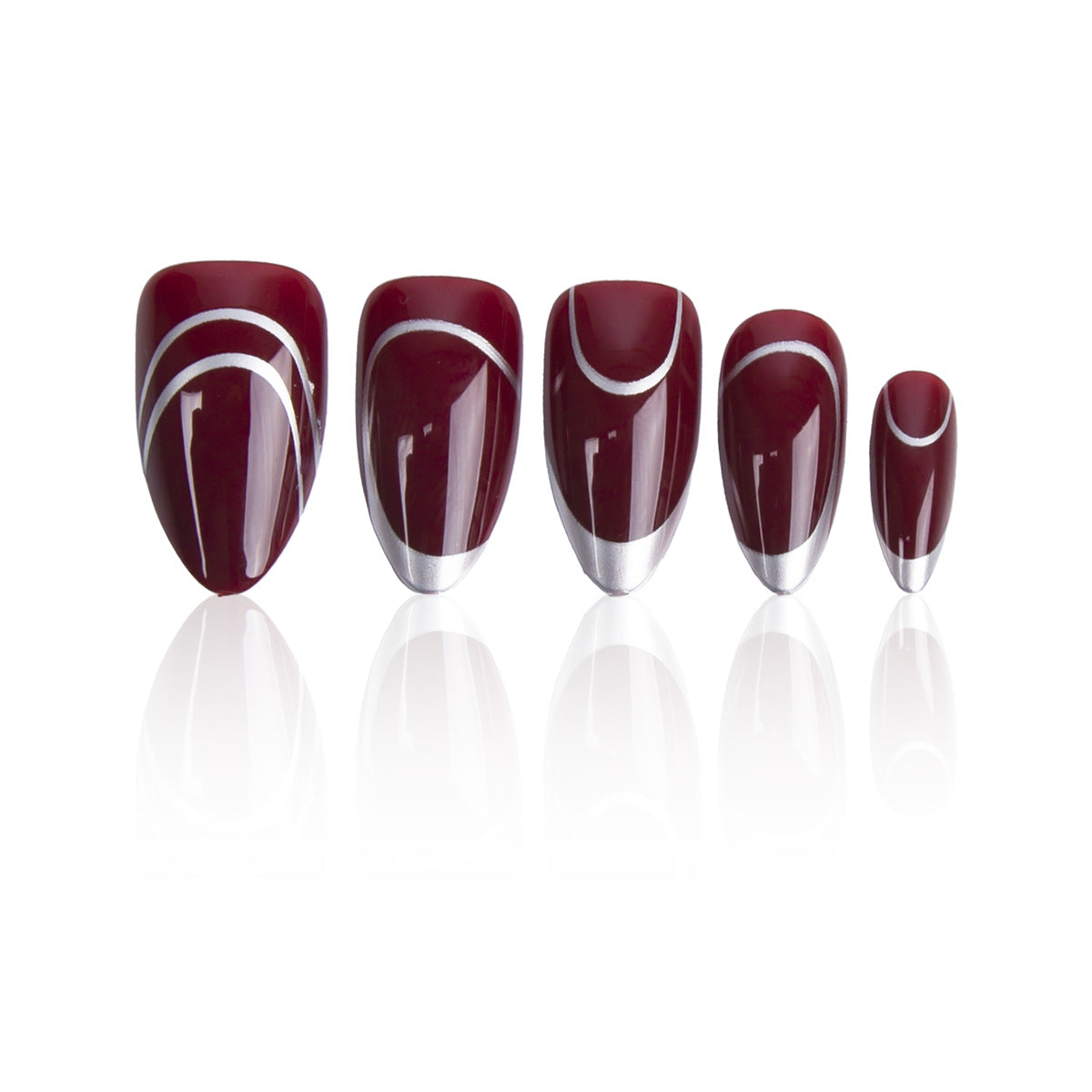 Chic Elegance Long Almond Burgundy Press On Nail Set with Sparkling Silver Accent Stripes