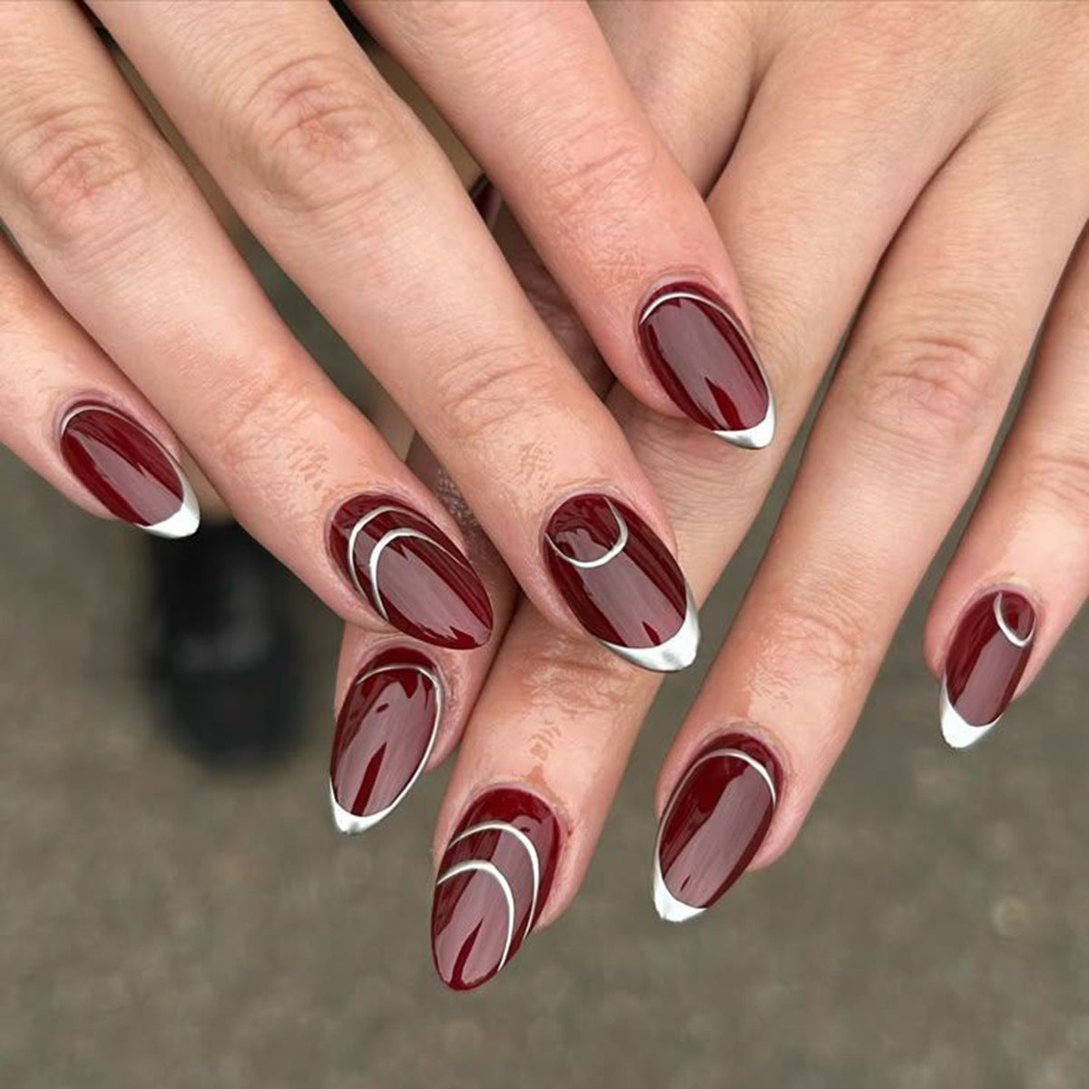 Sapphire Dream Long Almond Burgundy with Elegant Silver Accents Press On Nail Set