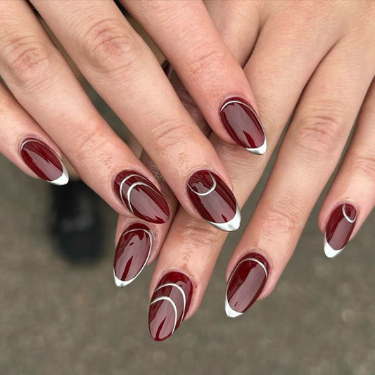 Sapphire Dream Long Almond Burgundy with Elegant Silver Accents Press On Nail Set