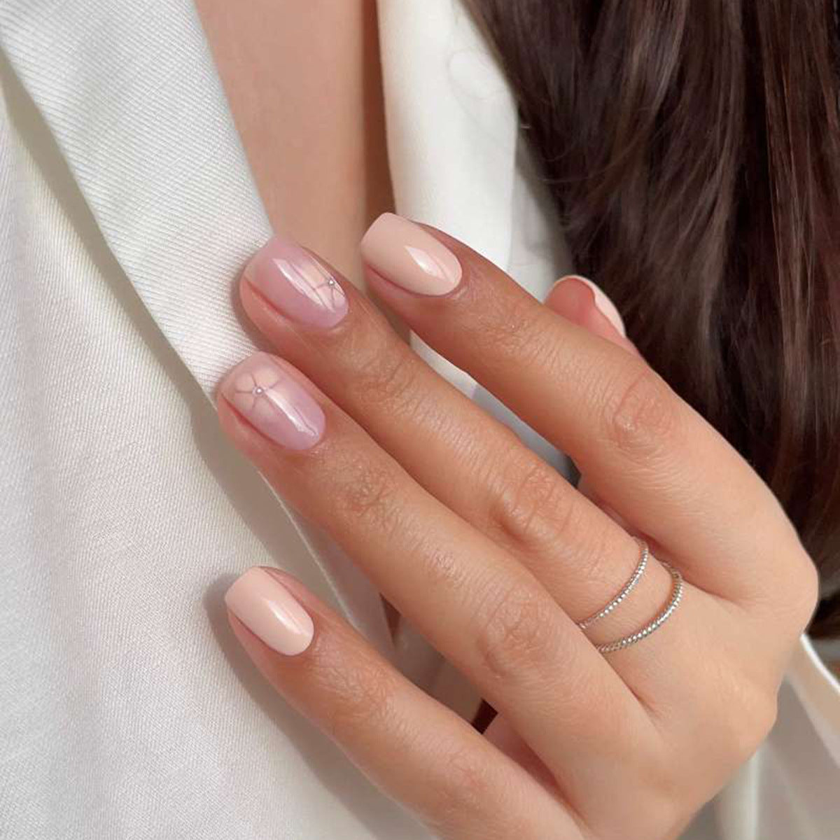 Elegant Serenity Press On Nail Set Medium Square Light Pink with Chic Dot Accents
