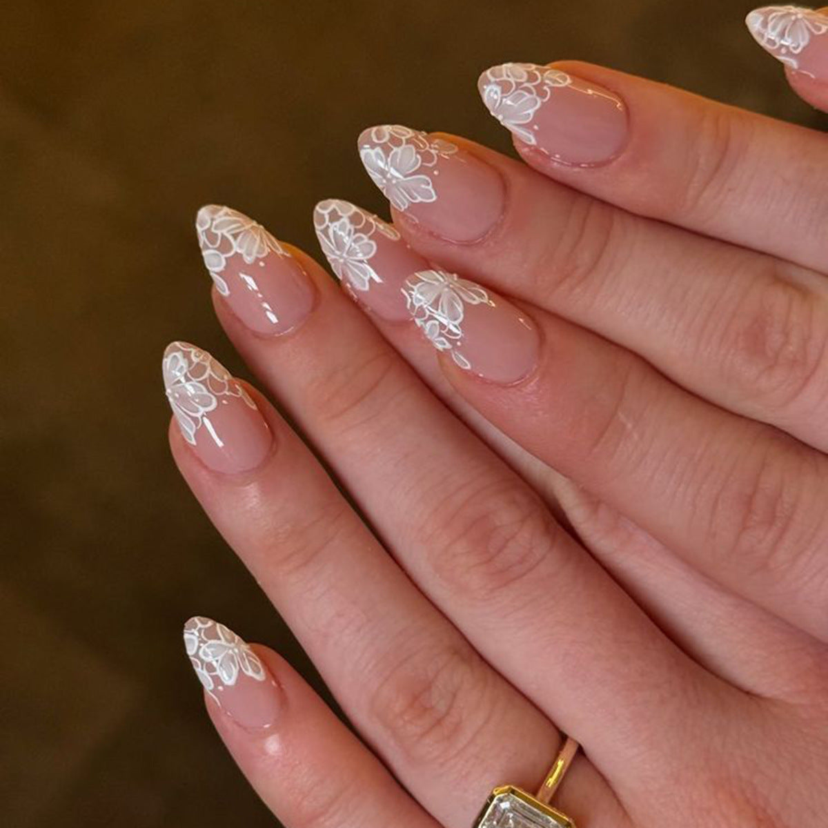 Chic Floral Dream Long Almond Beige Press on Nail Set with Elegant White Lace Design