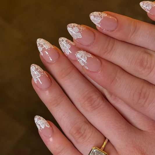 Chic Floral Dream Long Almond Beige Press on Nail Set with Elegant White Lace Design