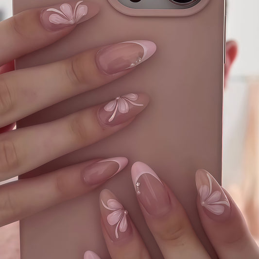 Blossom Garden Long Almond Shaped Soft Pink Press On Nail Set with Elegant Floral Artistry