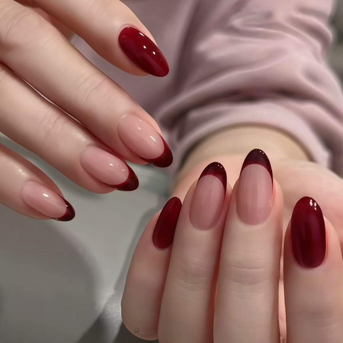 Elegant Romance Long Almond Burgundy Ombre Press On Nail Set with High Gloss Finish
