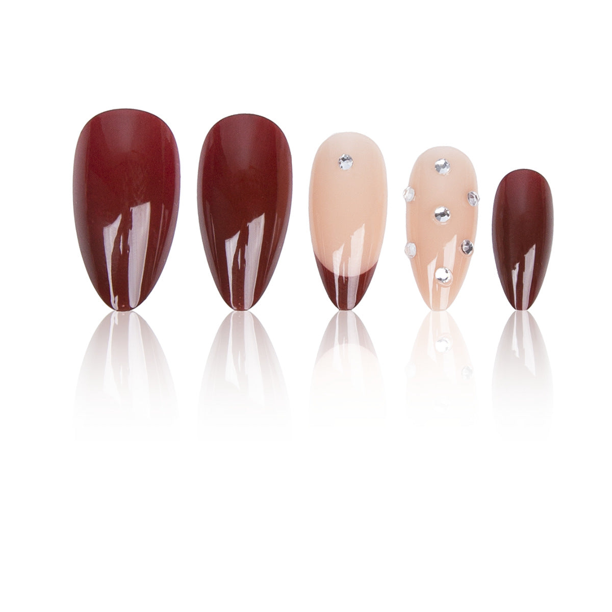 Elegant Glamour Medium Almond Red Gradient with Rhinestone Detail Press On Nail Set