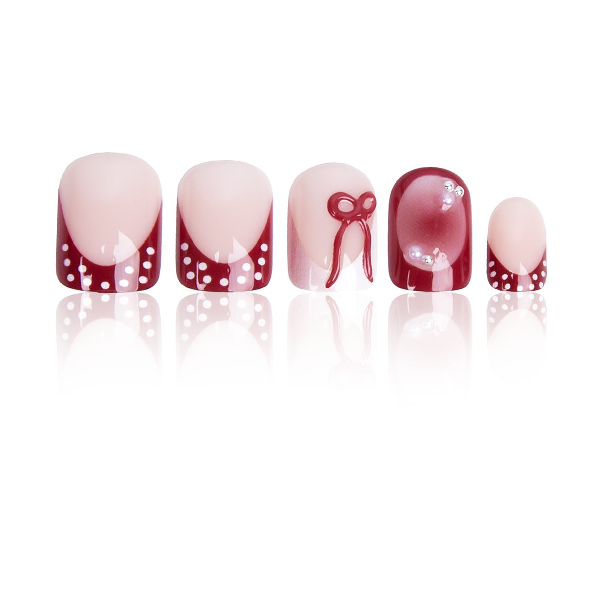 Chic Romance Short Square Long Red Ombre Nails with Cute Bow and Dazzling Gems
