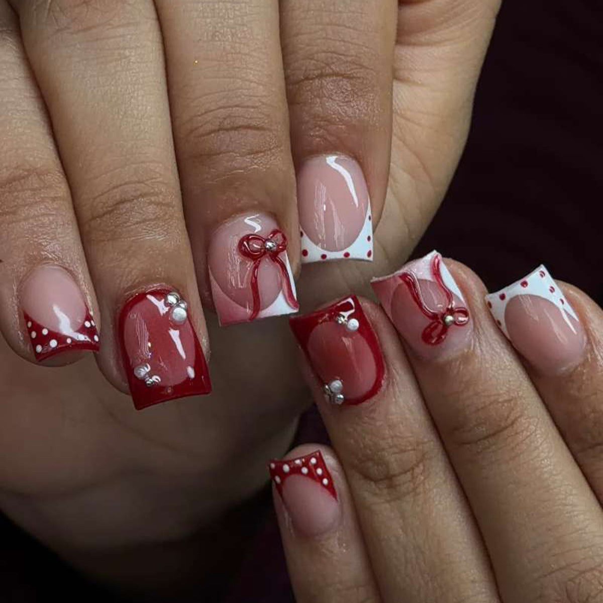 Charming Celebration Short Square Long Red and Pink Press On Nail Set with Eye-Catching Bow and Beaded Accents