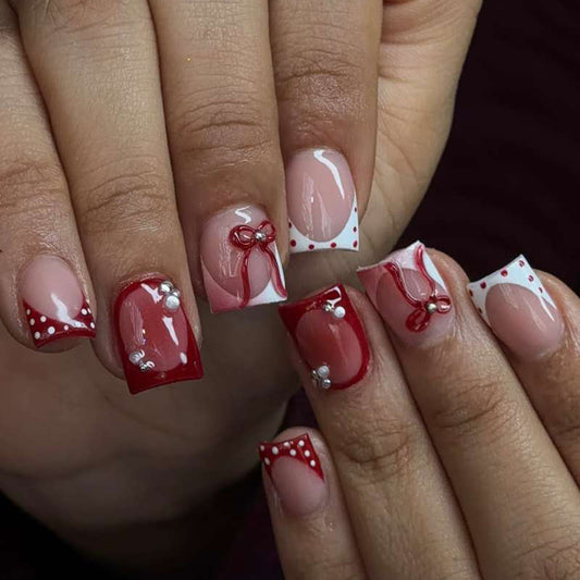 Charming Celebration Short Square Long Red and Pink Press On Nail Set with Eye-Catching Bow and Beaded Accents