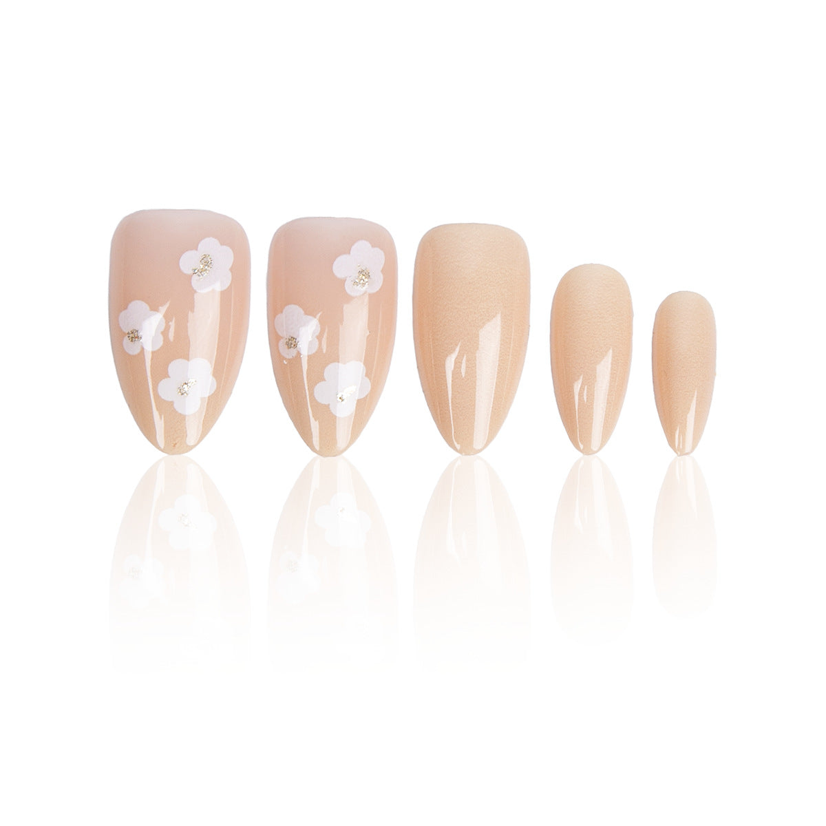 Floral Elegance Medium Almond Beige Nails with Delicate Flower Accents
