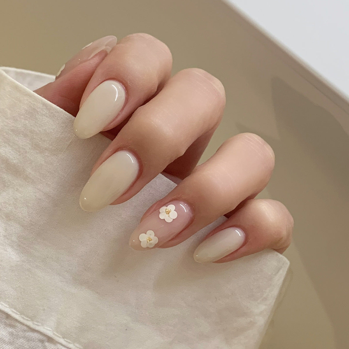 Blossom Dream Medium Almond Beige Press On Nail Set with Floral Accents