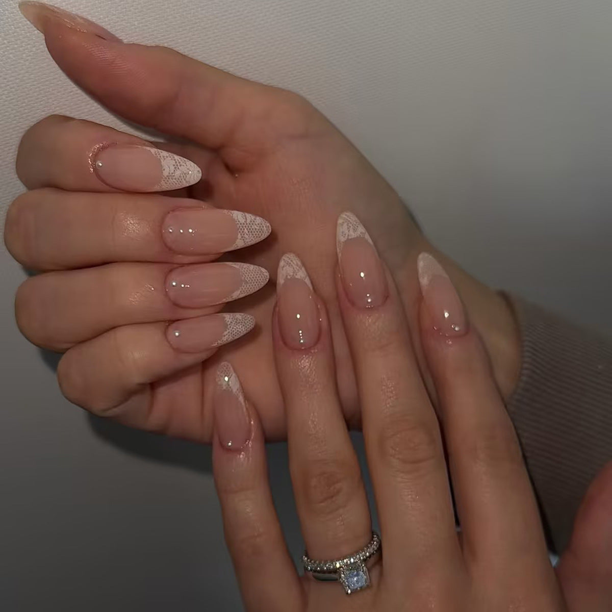Elegance Redefined Medium Almond Transparent with Lace Tip Press On Nail Set