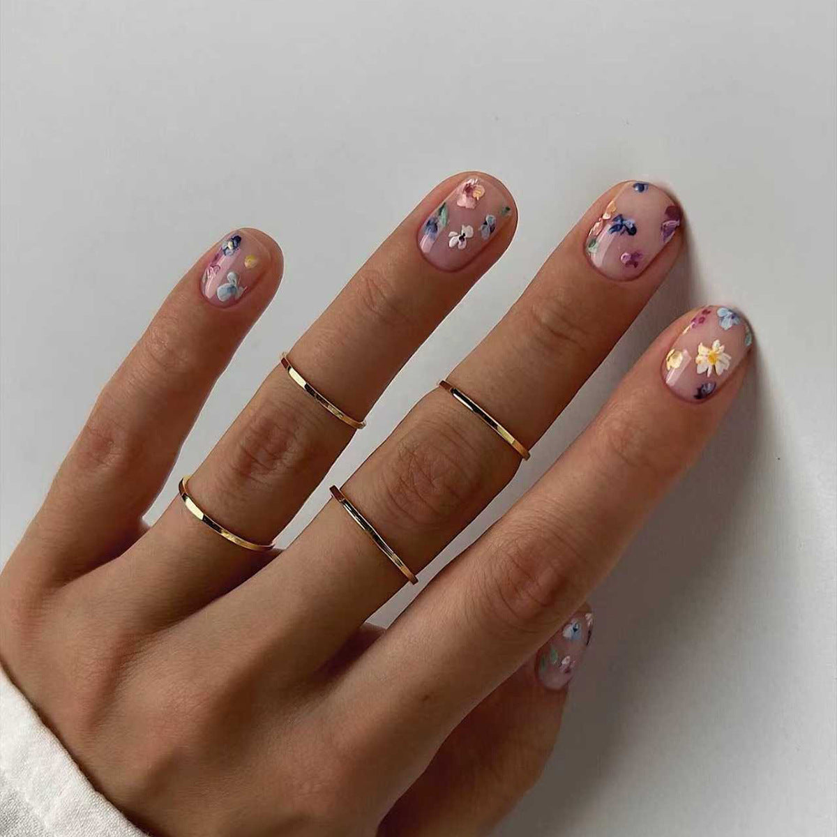 Whimsical Floral Short Square Pink Press On Nail Set with Delicate Flower Accents