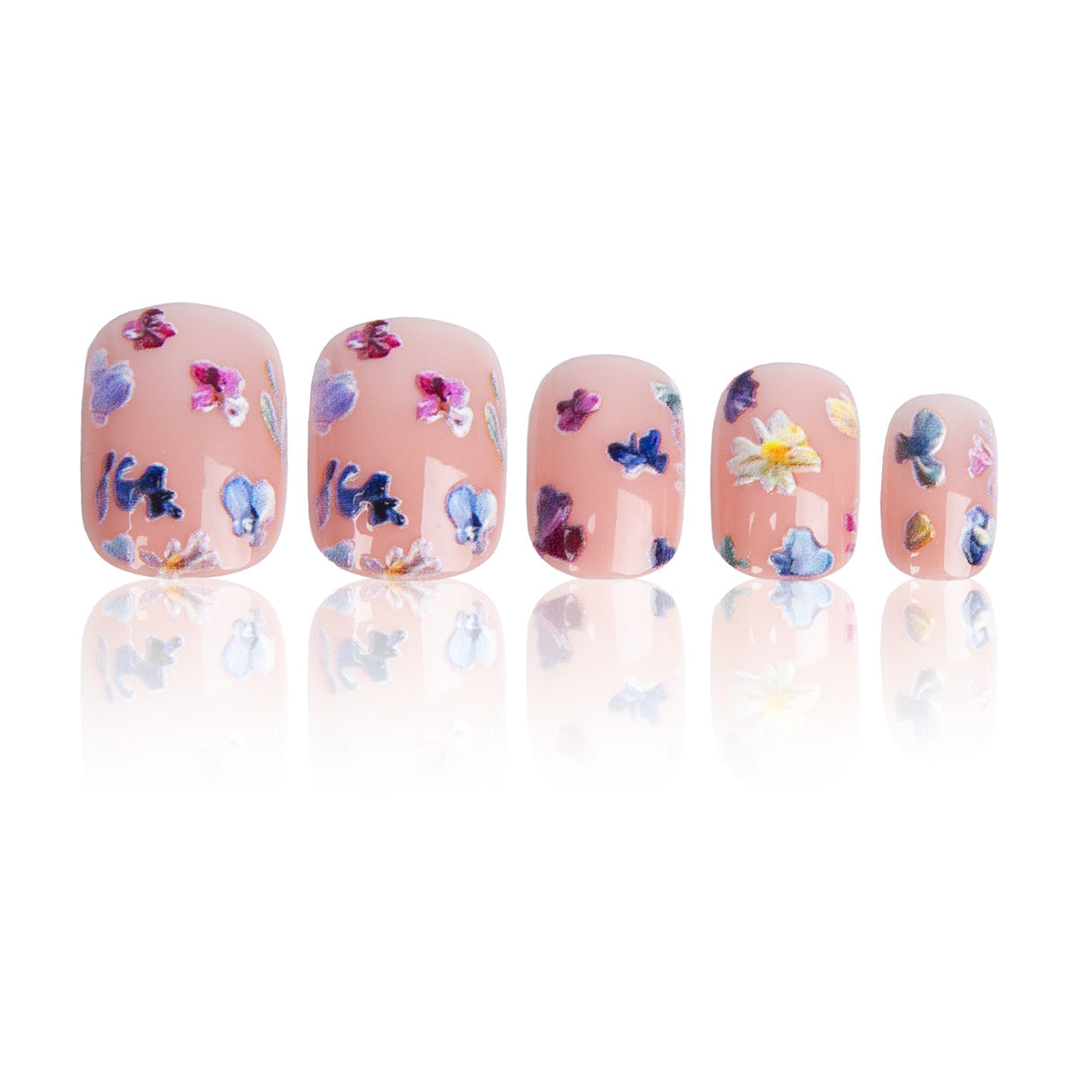 Whimsical Floral Short Square Blush Press-On Nail Set with Elegant Hand-Painted Design