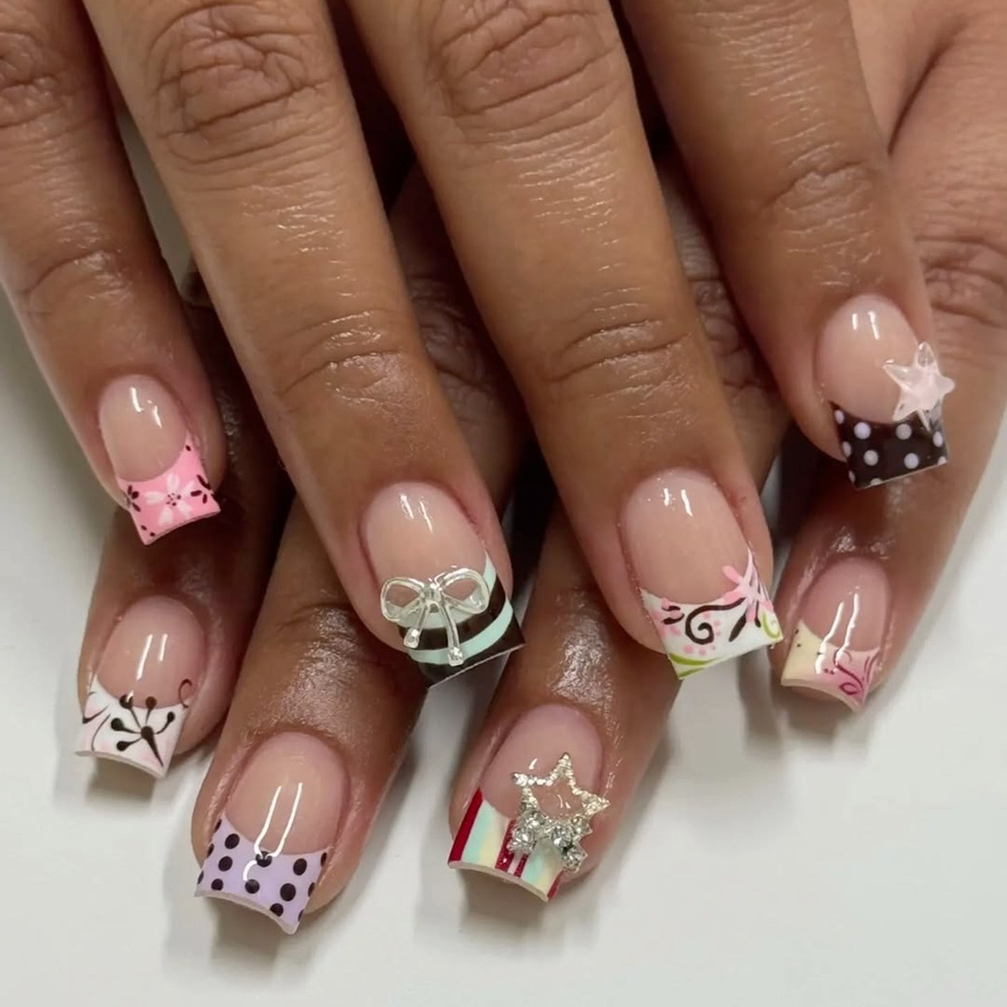 Charming Pastel Press On Nail Set Short Square Pink Ribbon and Floral Accents