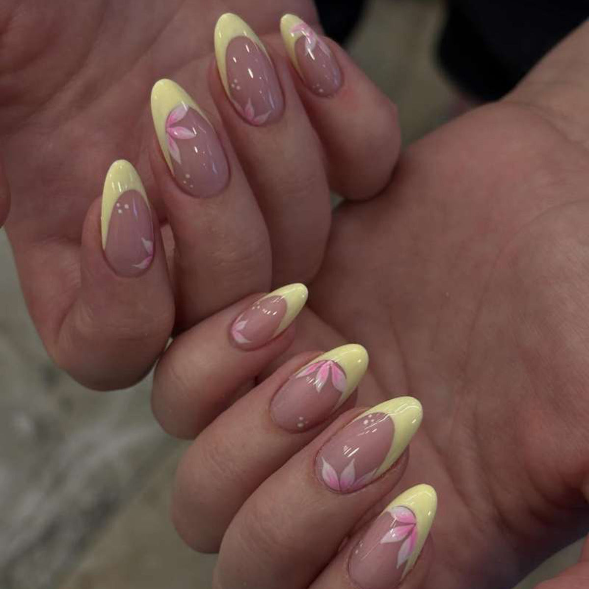 Blossom Elegance Medium Almond Yellow with Floral Design Press on Nail Set