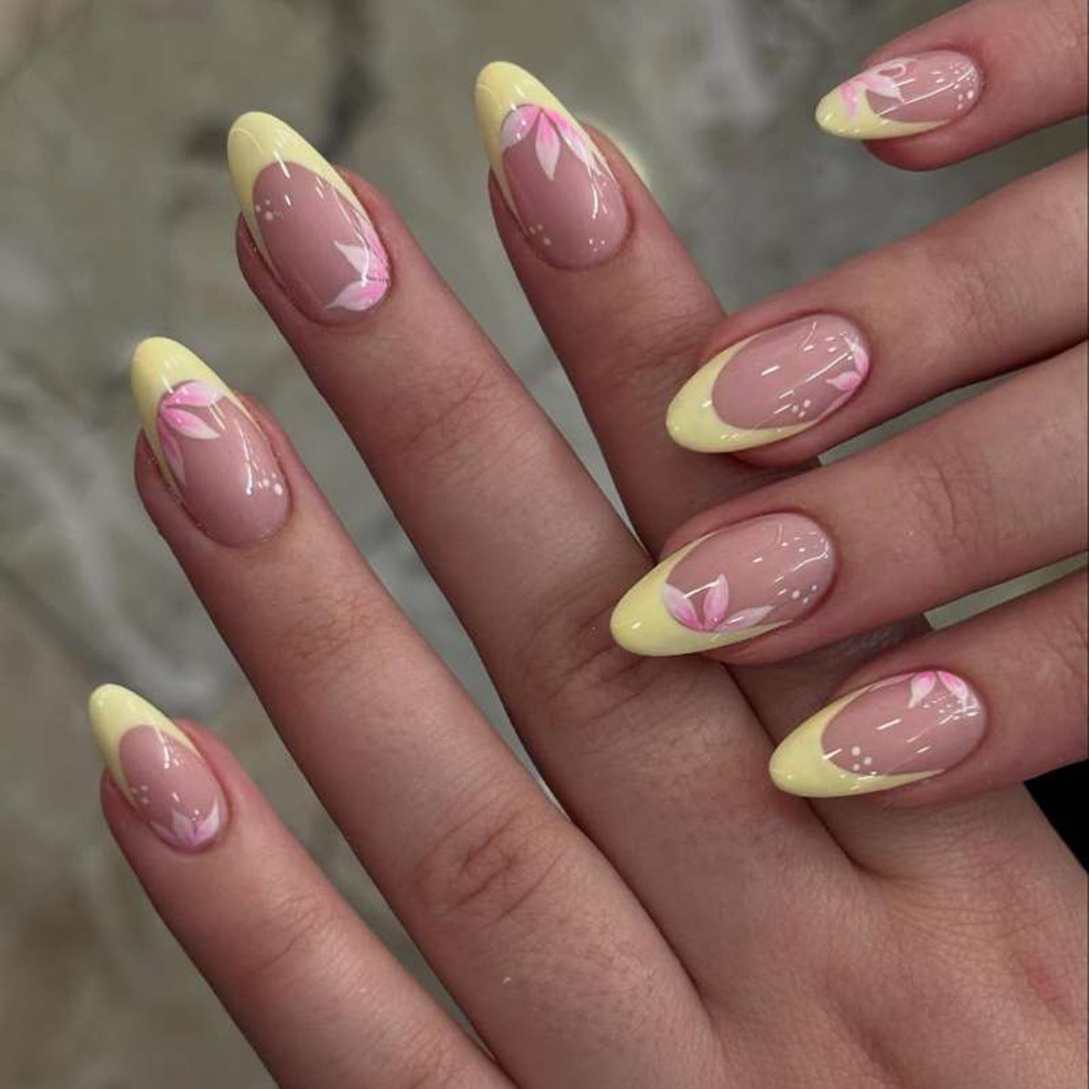 Charming Floral Medium Almond Yellow French Tip Press On Nail Set with Pink Accents