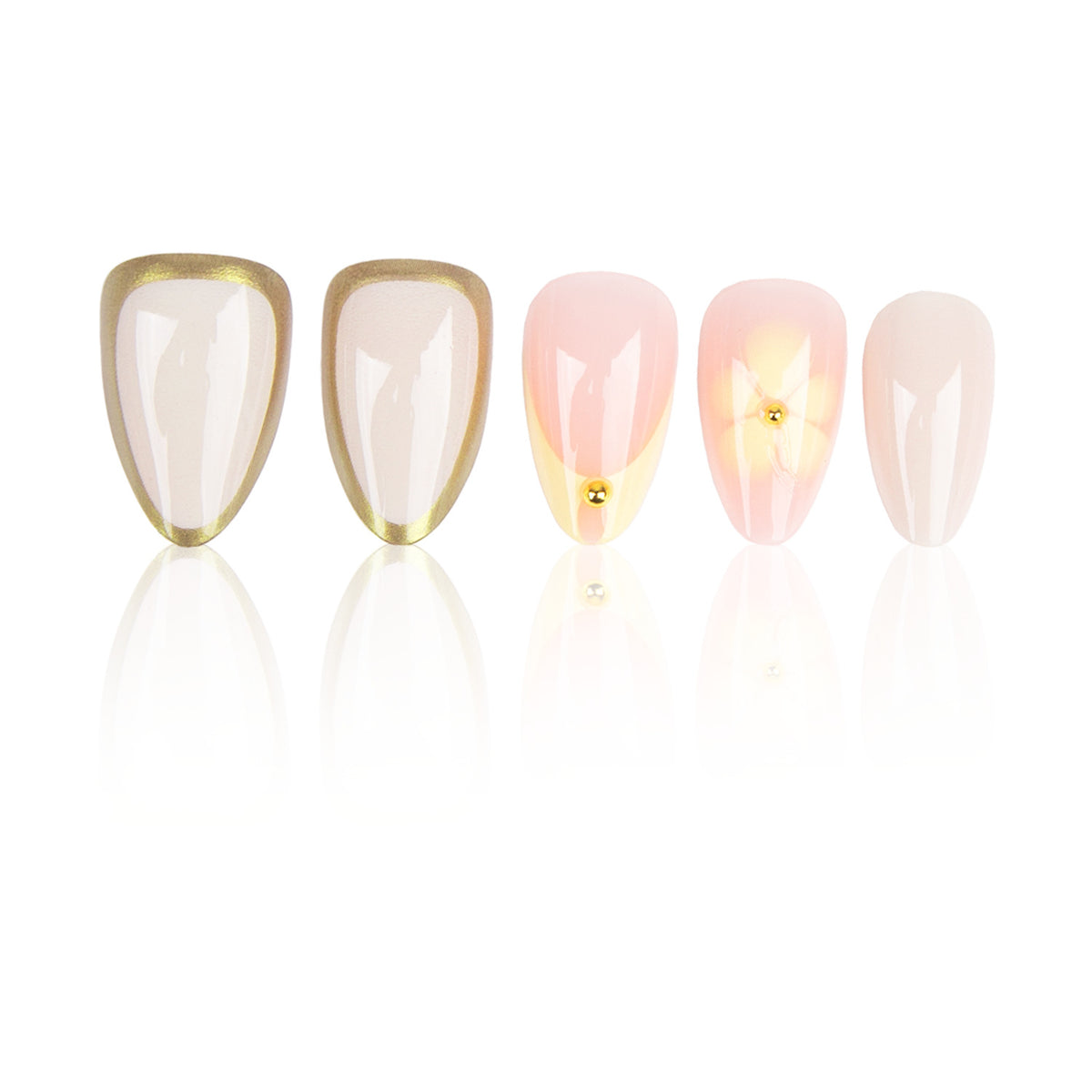 Elegant Floral Medium Almond Pink with Gold Accents Press On Nail Set