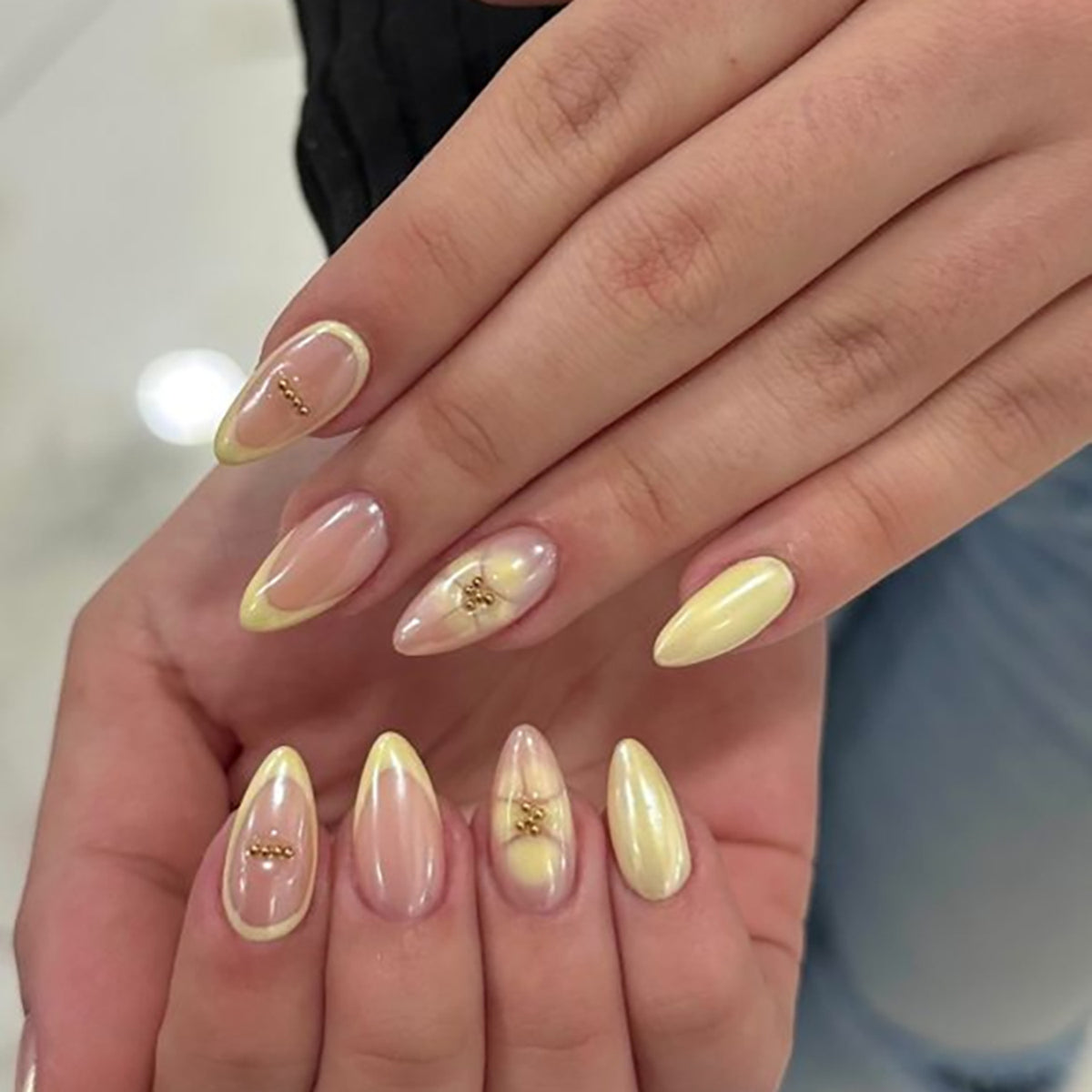 Celestial Elegance Long Almond Yellow Ombre with Golden Accents Press on Nail Set