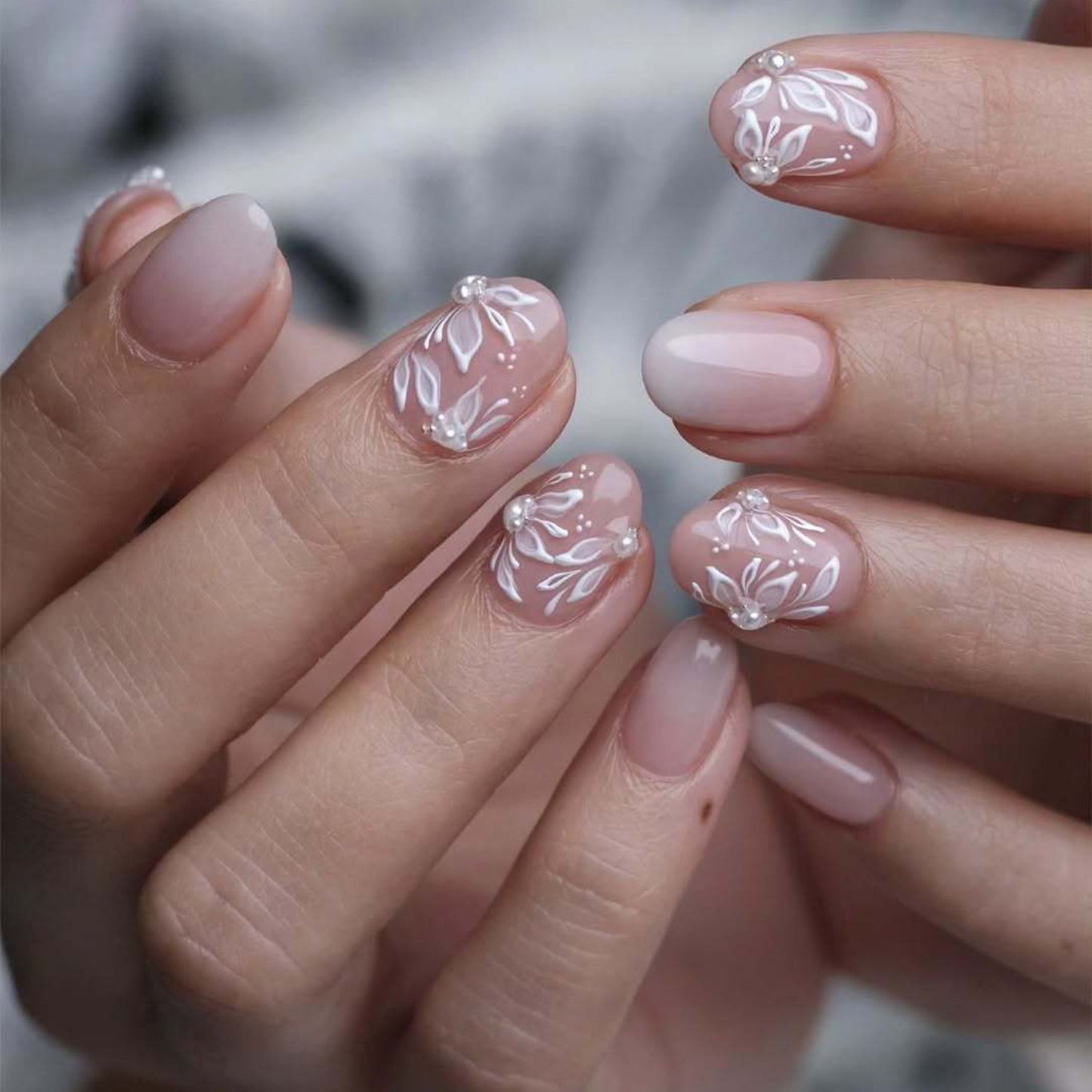 Elegant Floral Medium Oval Pink with Pearl Accents Press On Nail Set