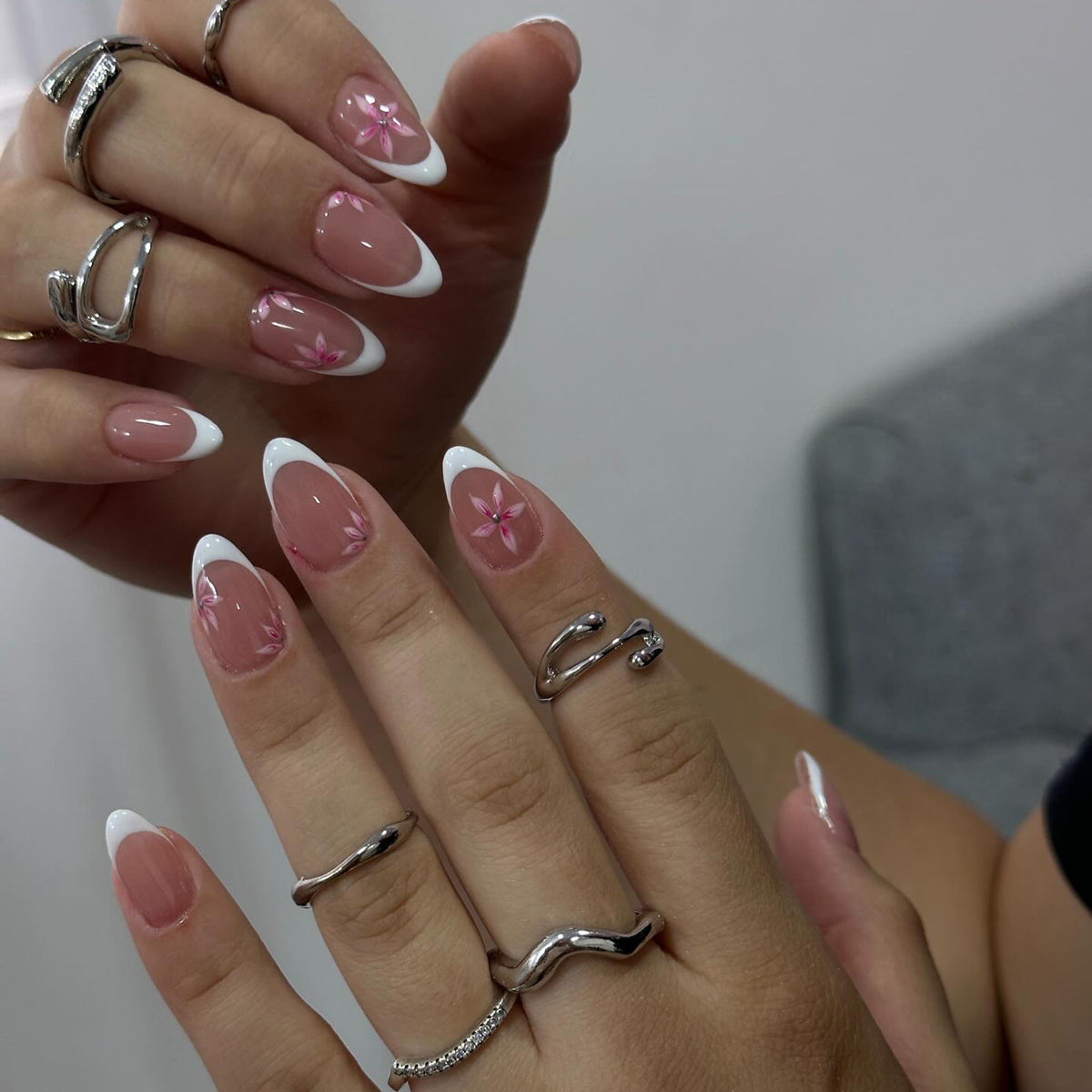 Elegant Blossom Medium Almond White Tip with Floral Design Press on Nail Set