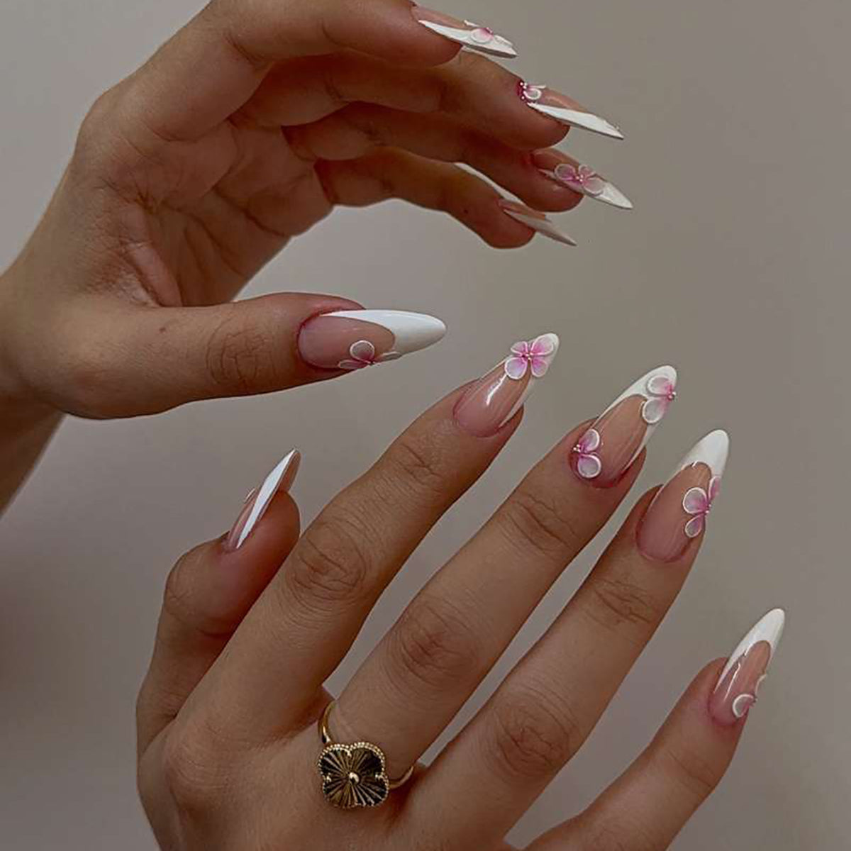 Blossom Elegance Medium Almond White and Pink Floral Press-On Nail Set
