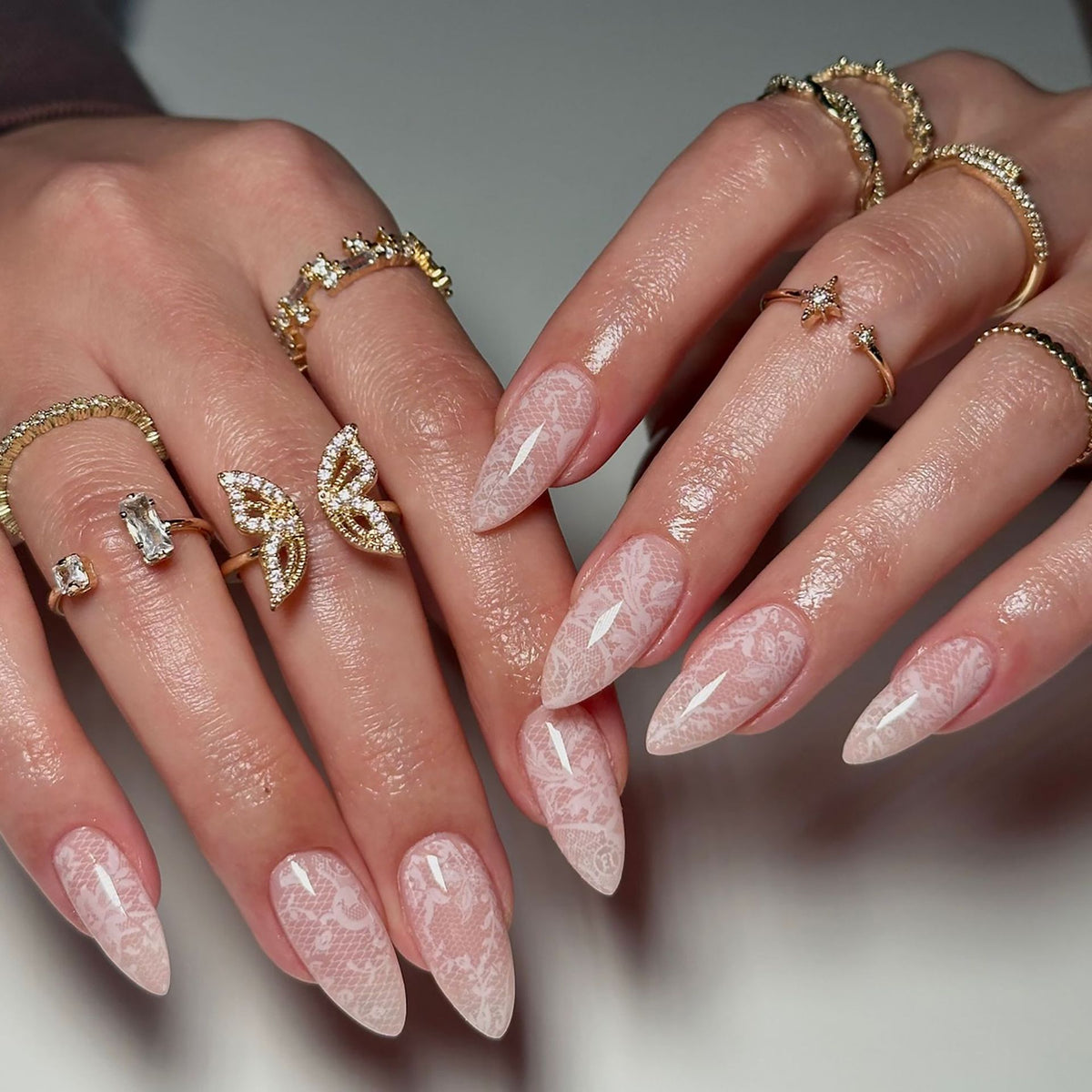 Elegant Lace Medium Almond Pink Press On Nails with Intricate Design
