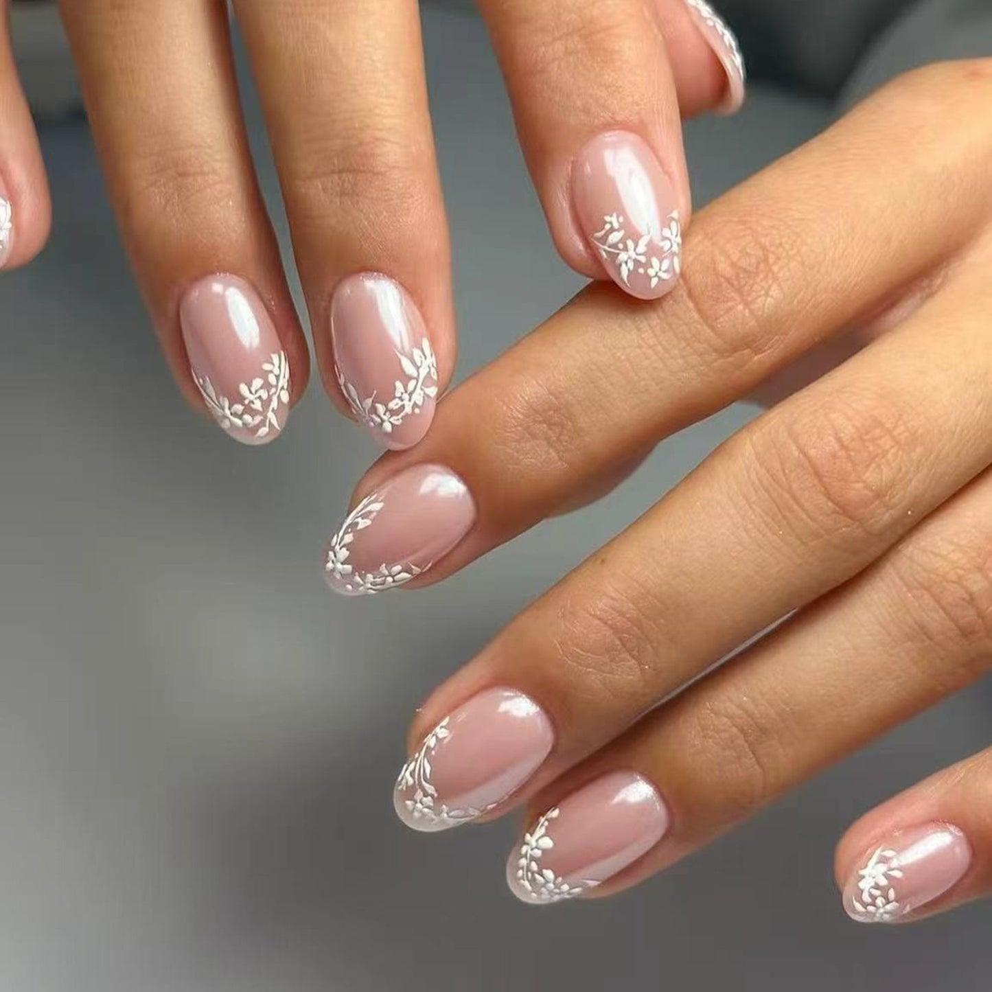 Bohemian Blossom Medium Almond Pink with Elegant Floral Tip Design Press On Nail Set