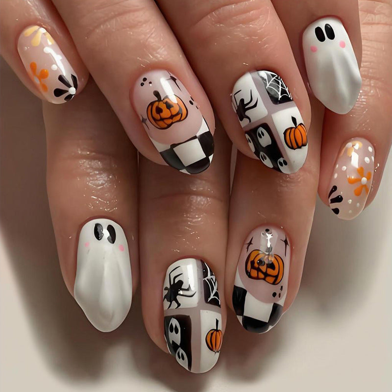 Spooktacular Medium Oval Orange and Black Patterned Press On Nail Set