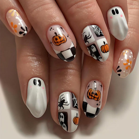 Spooktacular Medium Oval Orange and Black Patterned Press On Nail Set
