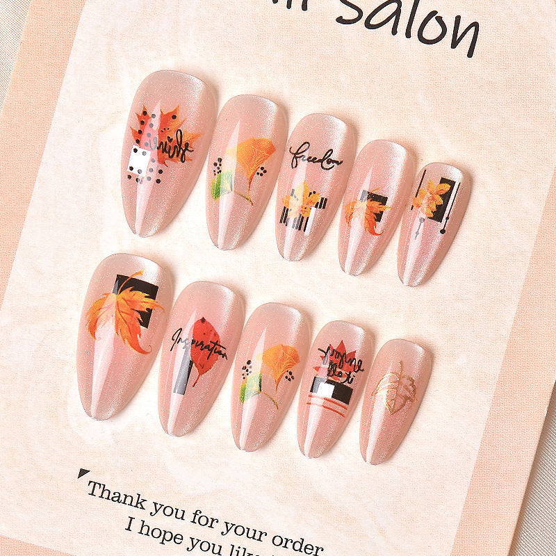 Autumn Vibes Medium Almond Beige with Fall Leaf Art Press On Nail Set