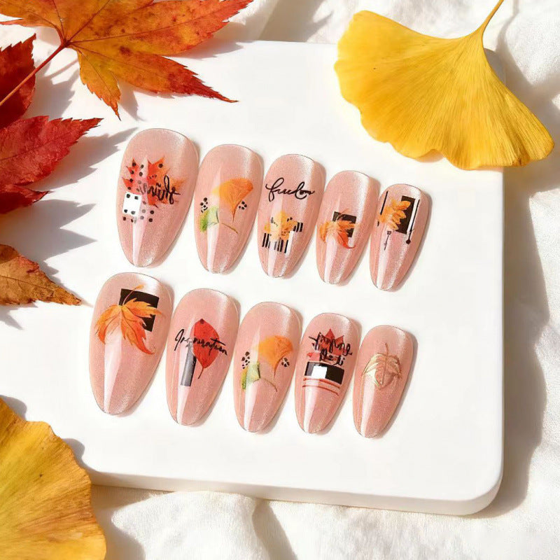 Autumn Bliss Medium Almond Soft Pink with Nature-Inspired Designs Press-On Nail Set