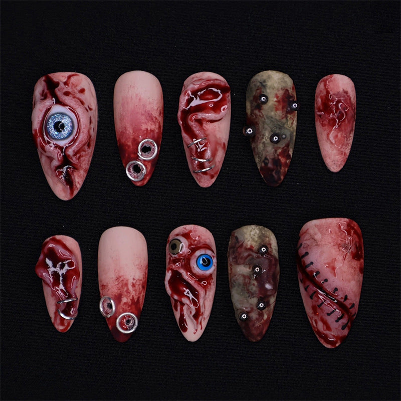 Creepy Horror Inspired Medium Almond Red and Black Press on Nail Set with Unique Eye and Stitch Details