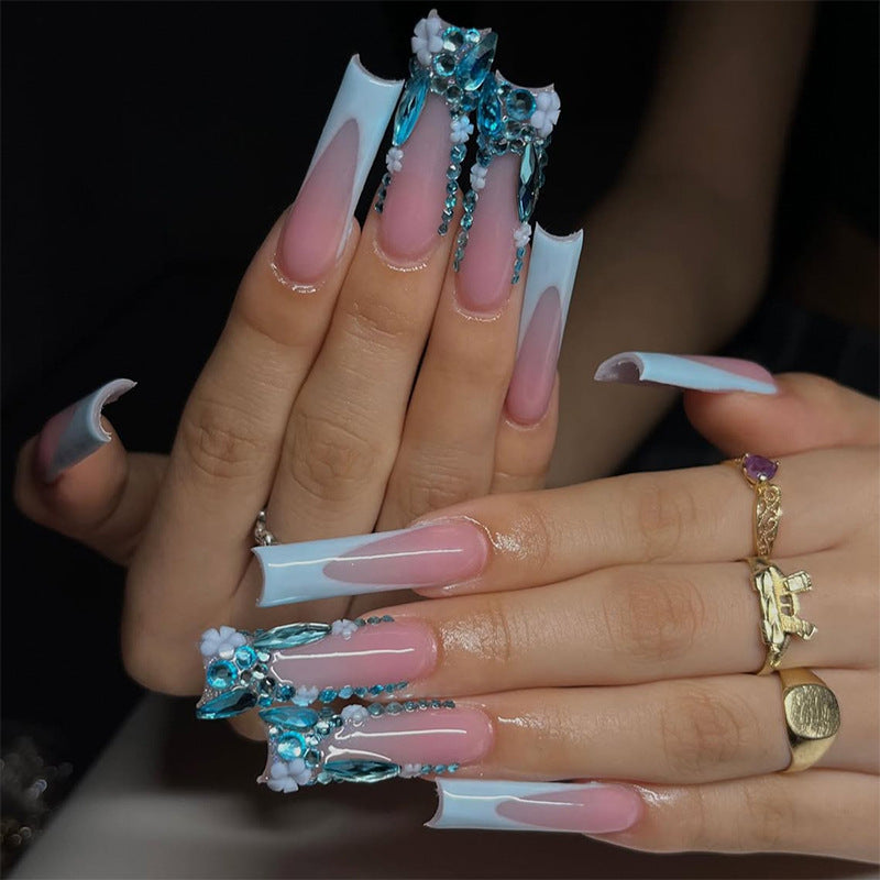 Ocean Bliss Long Square Sky Blue with Glittering Gems Press on Nail Set