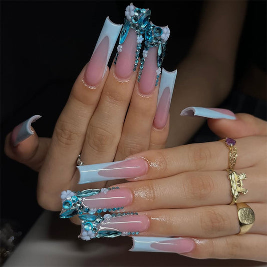 Ocean Bliss Long Square Sky Blue with Glittering Gems Press on Nail Set