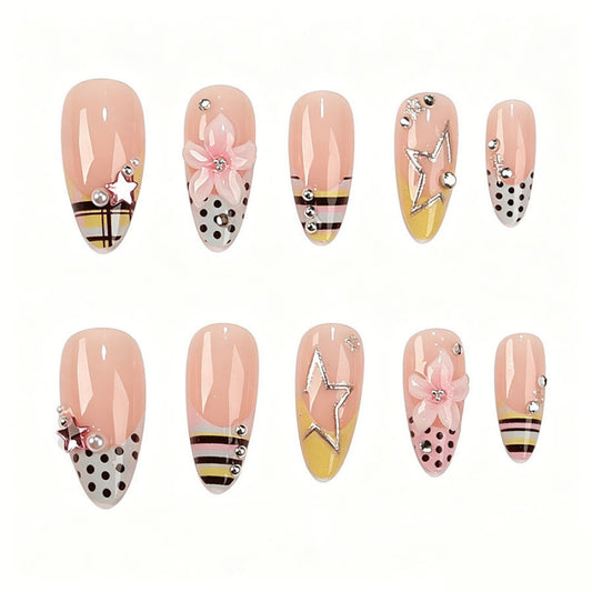 Whimsical Floral Almond Medium Press On Nail Set with Glittering Accents