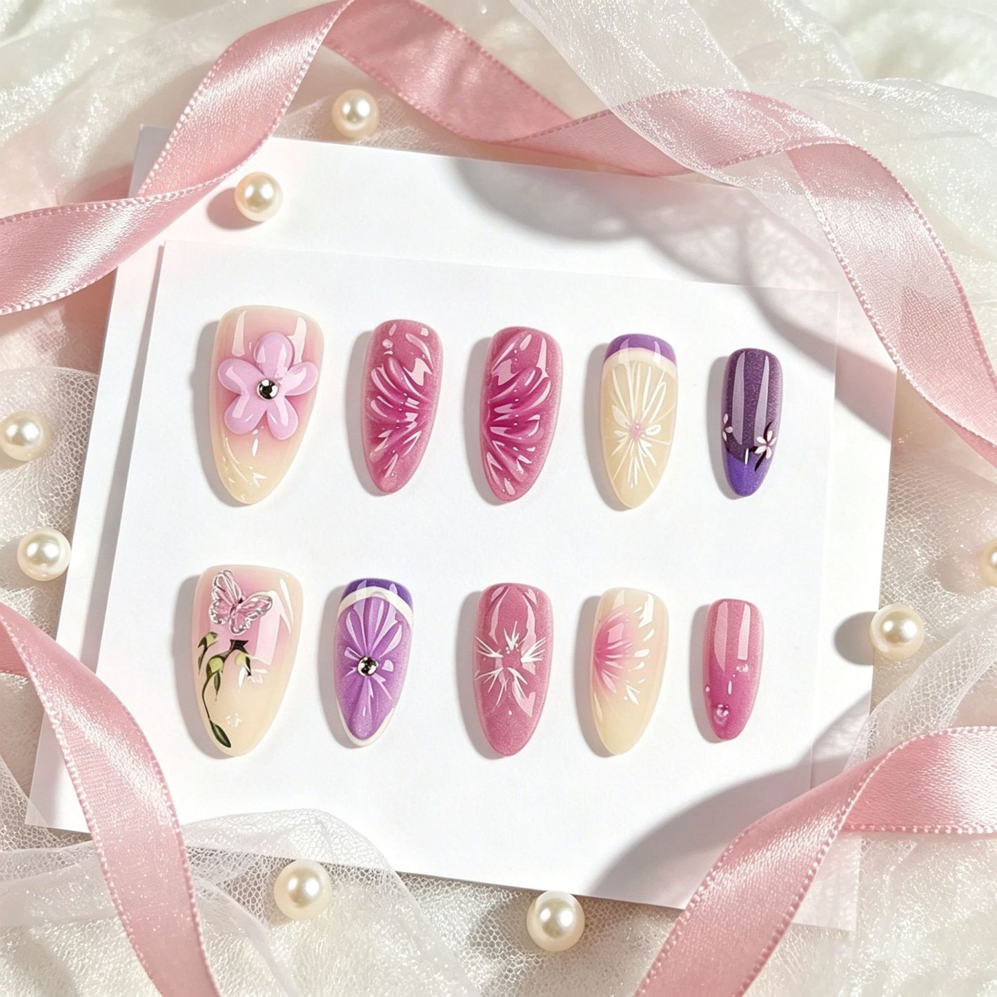 Blossom Dreams Medium Almond Pink Floral Press On Nail Set