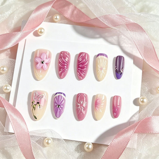 Blossom Dreams Medium Almond Pink Floral Press On Nail Set