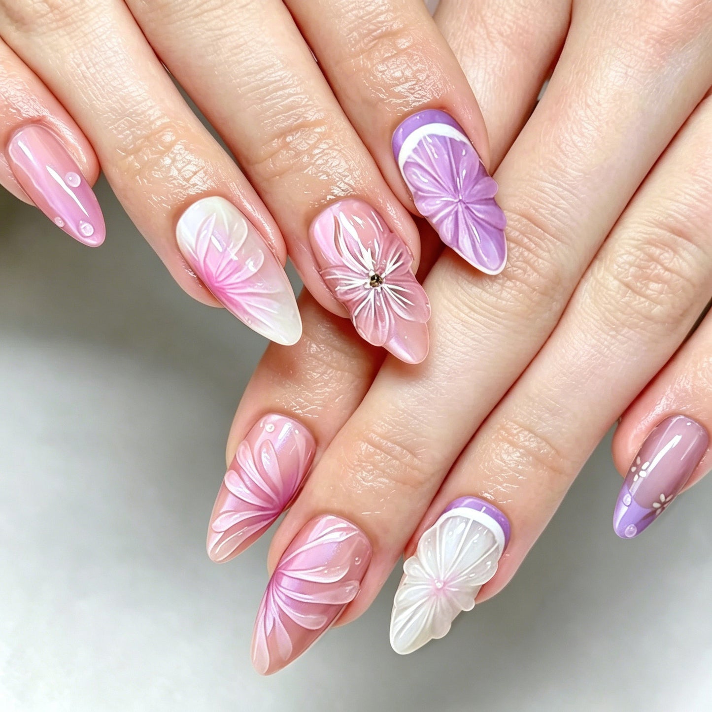 Floral Dream Medium Almond Pink with Intricate Floral Designs Press on Nail Set