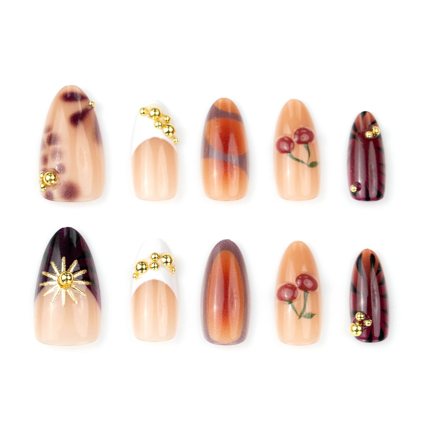 Bohemian Charm Medium Almond Gradient Color with Gold Accents Press-On Nail Set