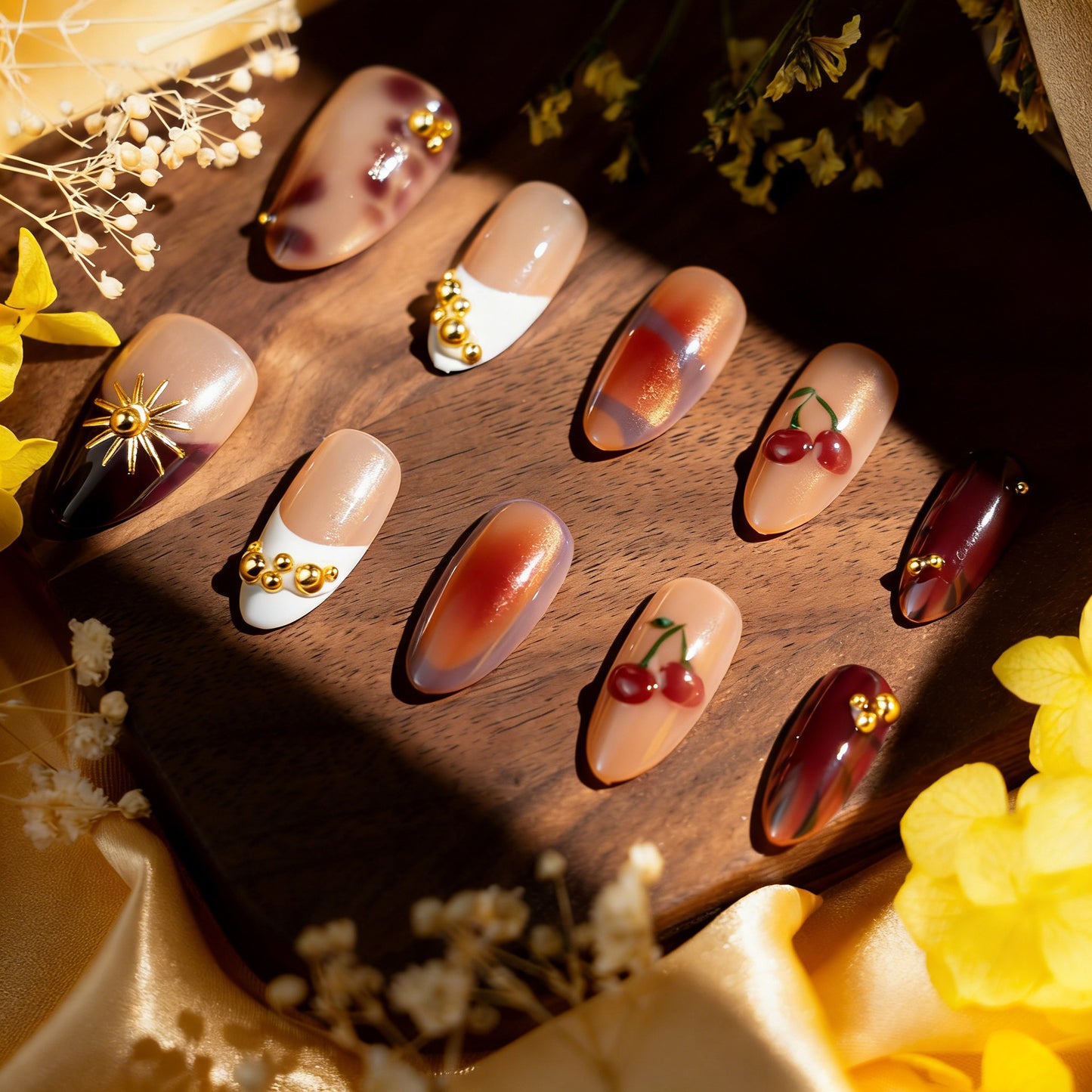 Autumn Vibes Medium Almond Translucent Burgundy with Gold Accents Nail Set