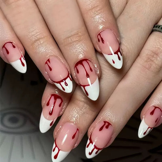 Spooky Halloween Long Almond Shape White and Pink Press On Nail Set with Blood Drip Design