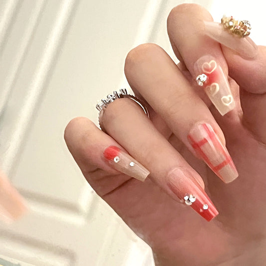 Elegant Romance Long Coffin Beige Red Press On Nail Set with Rhinestone Accents and Love Motifs