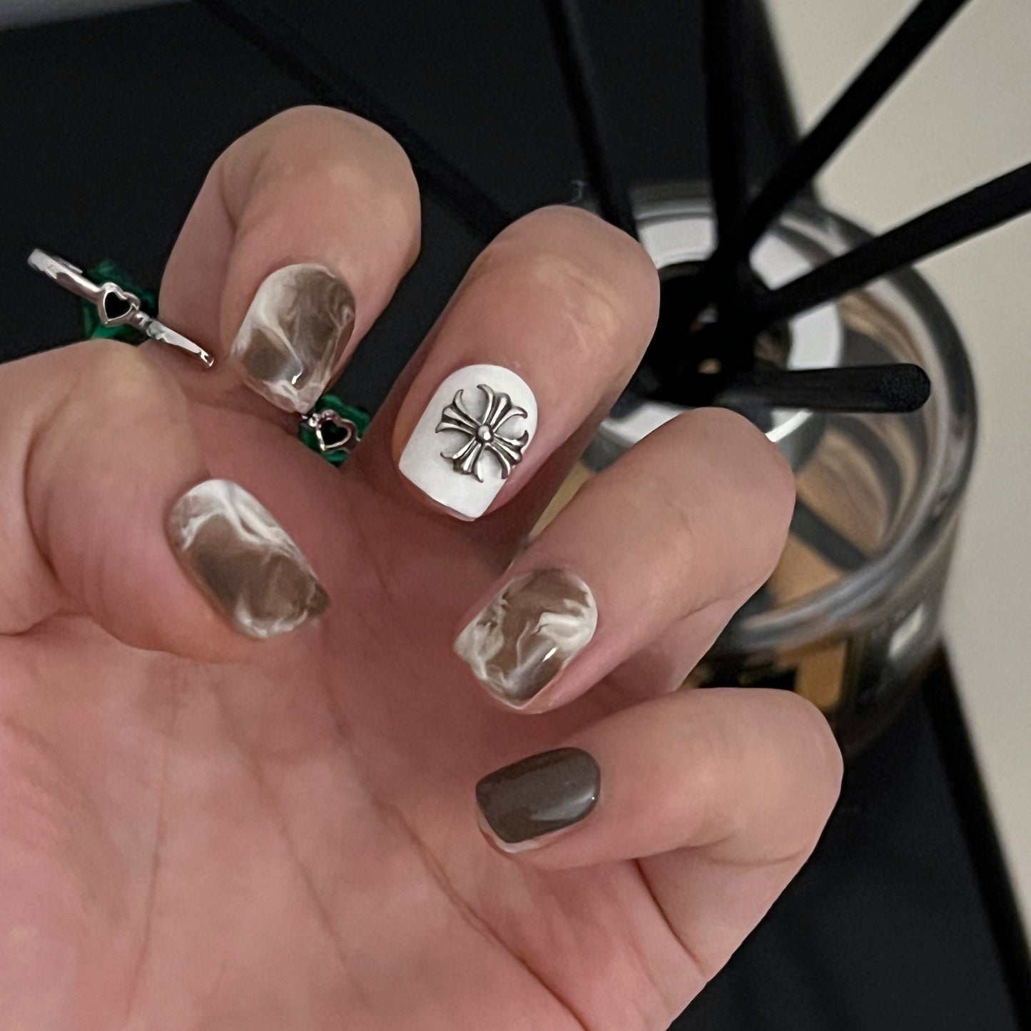 Elegant Marble Chic Short Square White and Grey Press on Nail Set with Silver Bow Accent