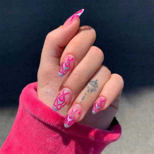 Silver Dipped Long Oval Pink Flames Press On Nails